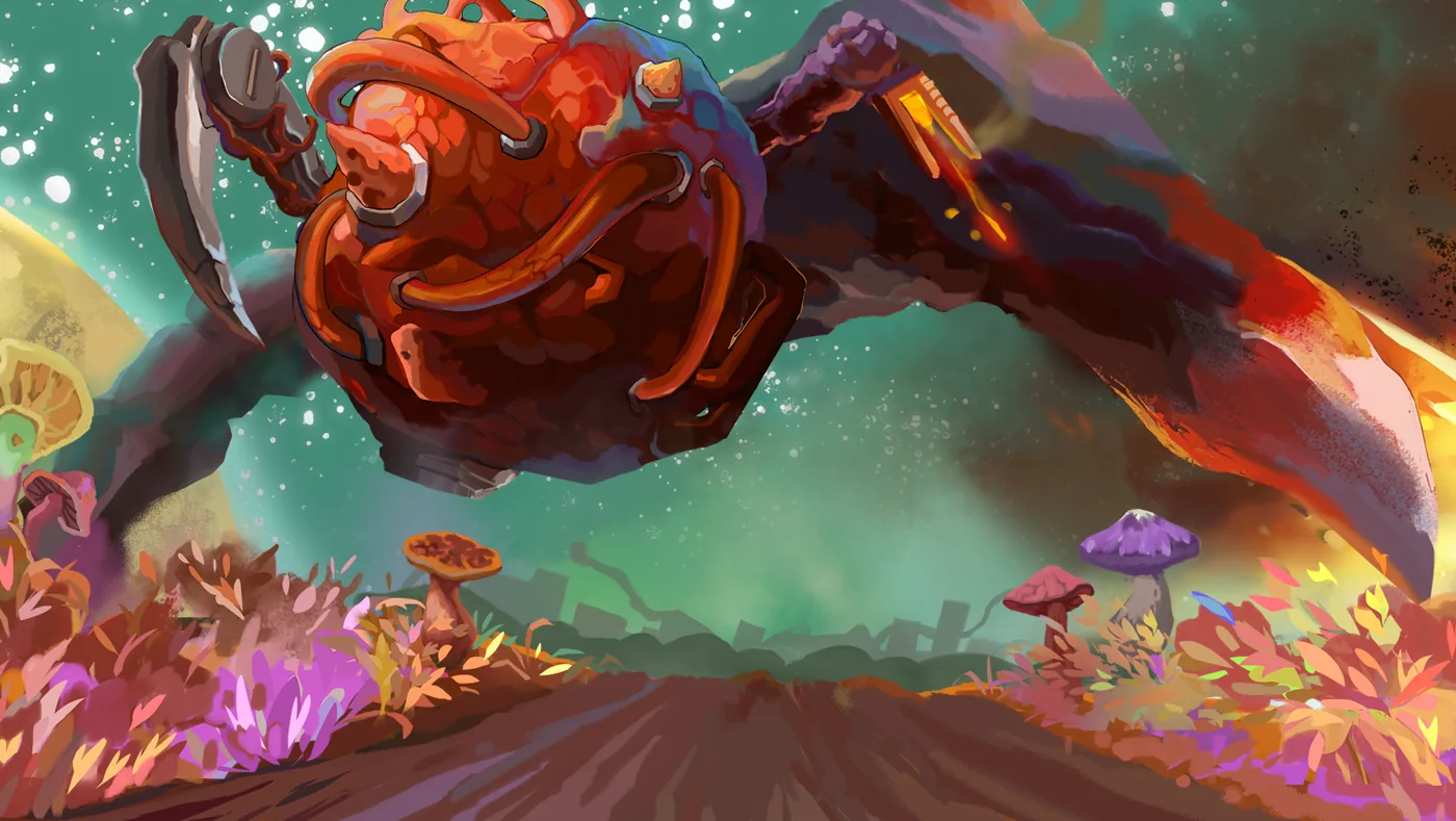 Mycopunk promotional artwork of a giant orange fungal creature above a colorful alien landscape.