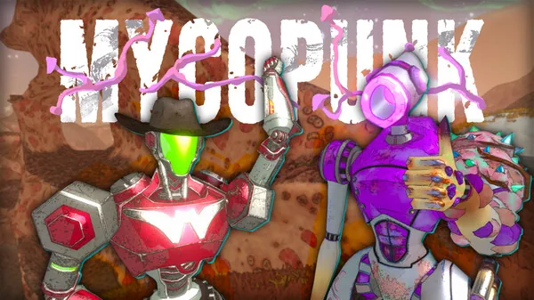 Mycopunk 1.0 launch trailer artwork featuring two robots.